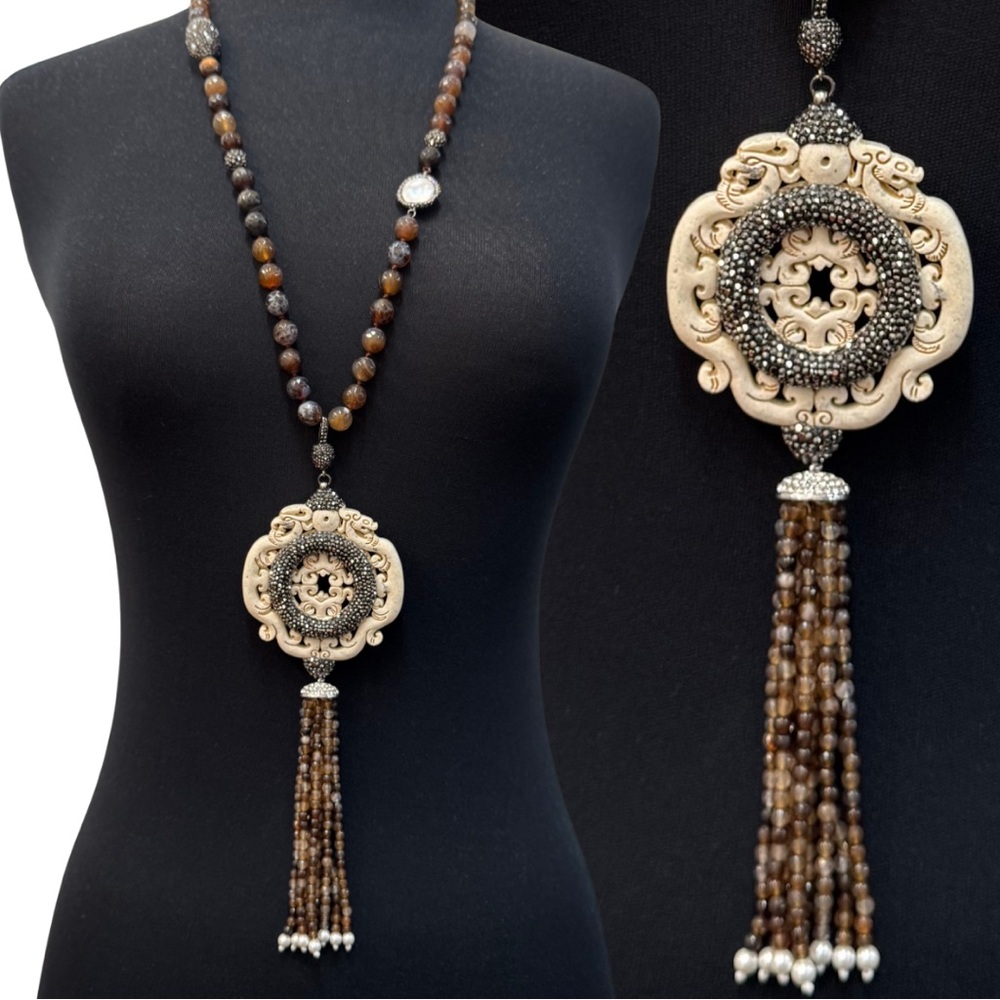 NEW Chico's Brown and Cream Beaded Necklace with Ornate Pendant